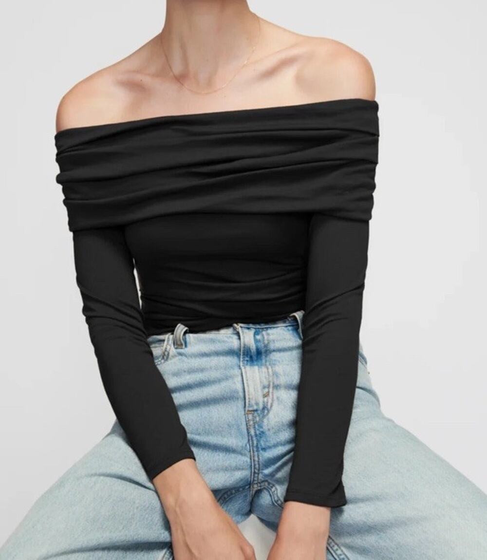 NATION LTD Abana Draped Off the Shoulder Long Sleeve Top Jet Black Jersey XL NWT